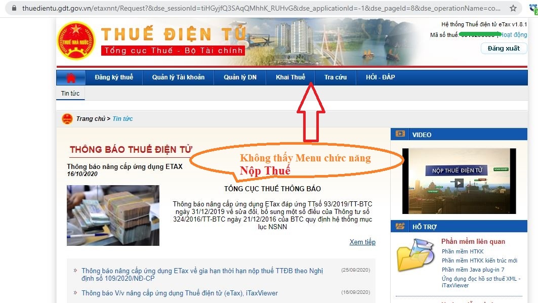 Hình ảnh cho mục tin tức Tài khoản thuedientu.gdt.gov.vn Không thấy menu "nộp thuế" 